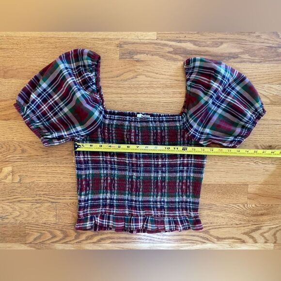 American Eagle Red Plaid Puff Sleeve Top Women Size Medium - Picture 4 of 6